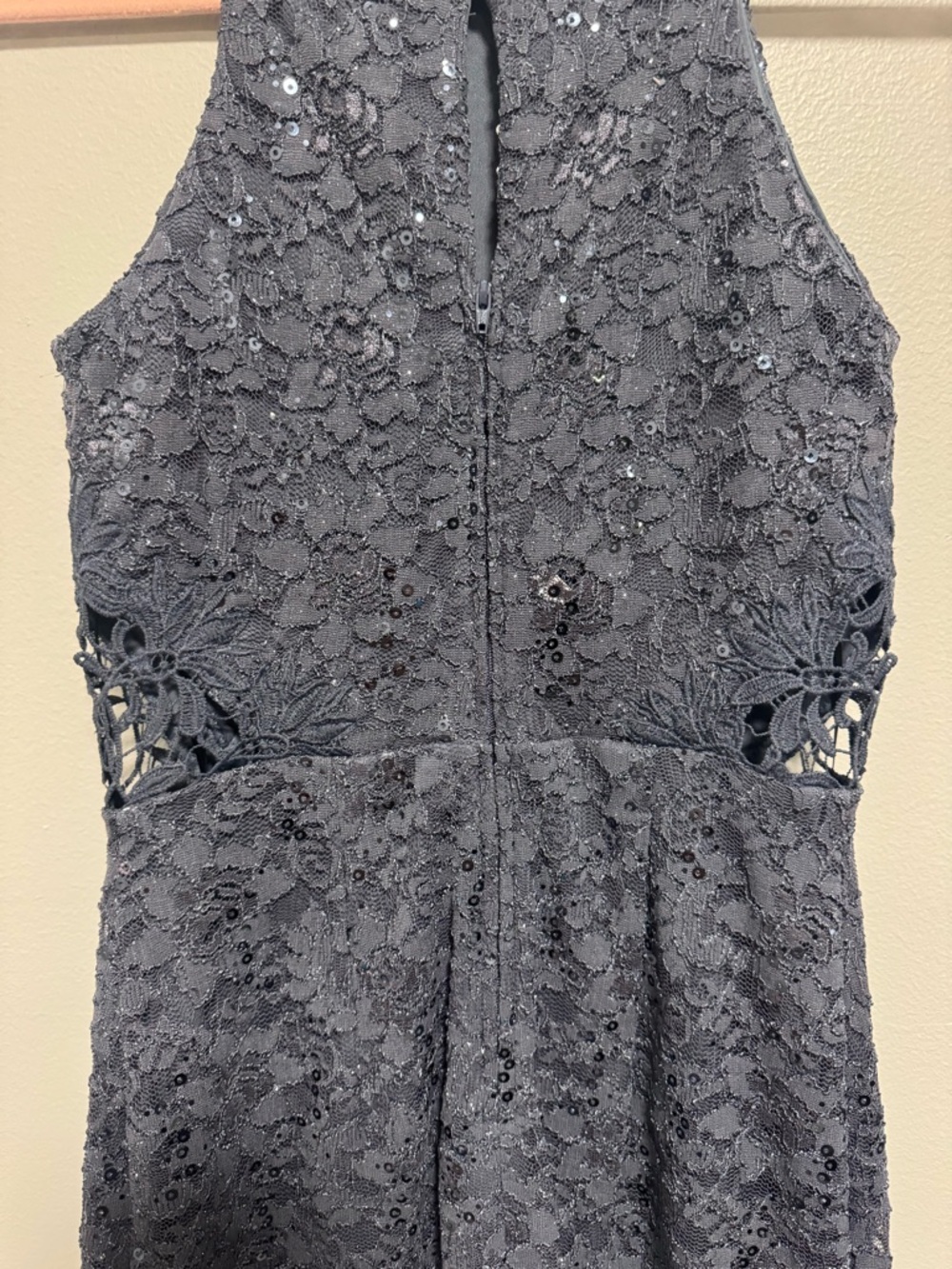 Windsor Floral Lace  Gray Halter Neck Sequin Mini Dress Side Cutouts - Picture 6 of 9